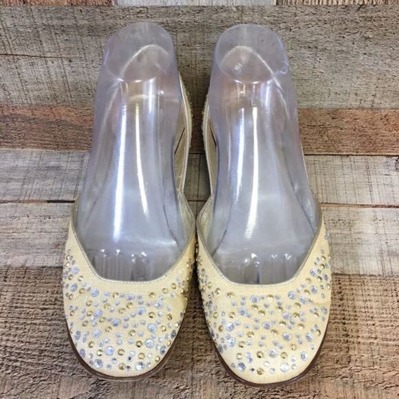 Valentino Garavani Ballet Flats Womens 38 Gold Canvas Crystals Slip On Shoes - Picture 3 of 13